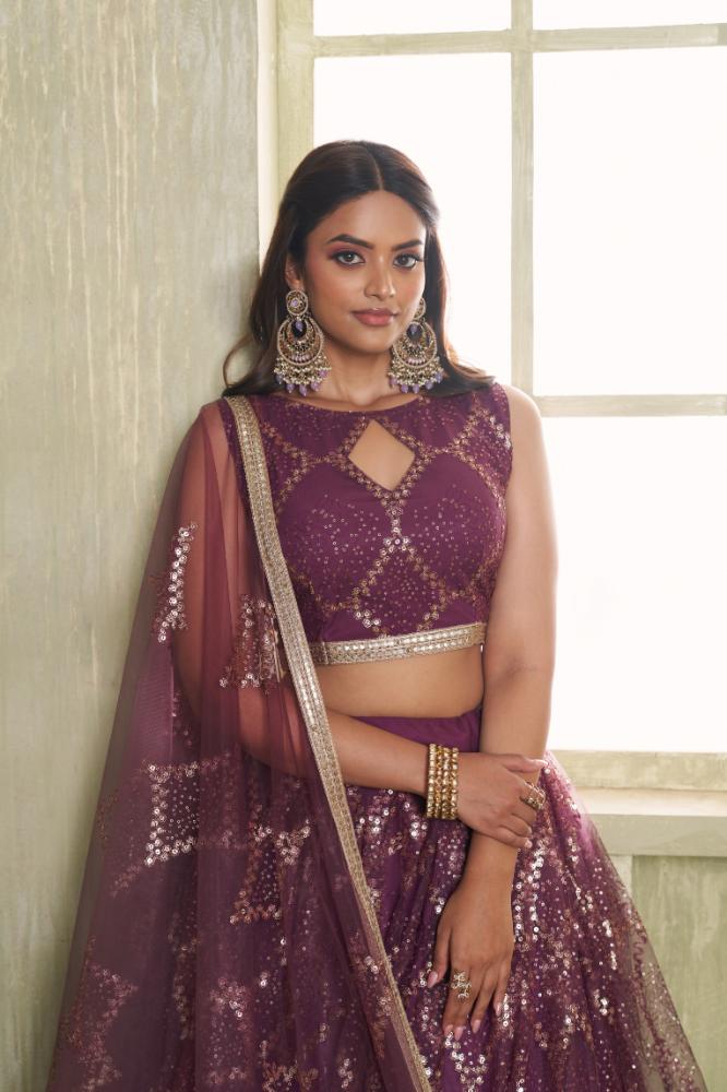 Wine Butterfly Net Lehenga Choli with Tone-to-Tone Embroidery