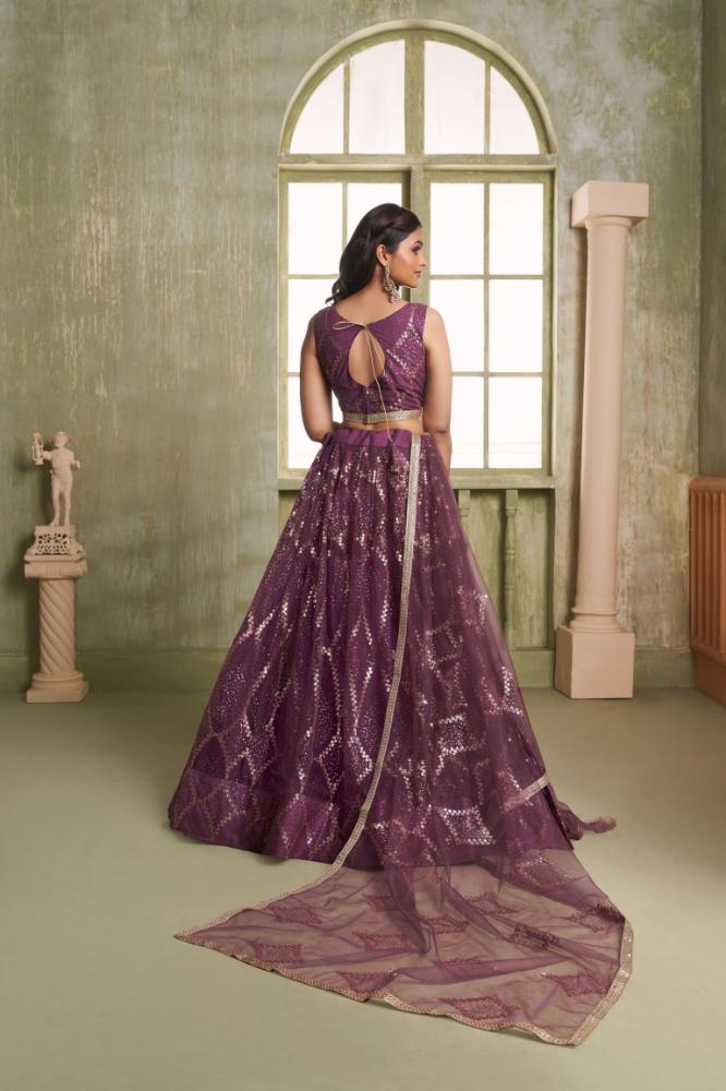 Wine Butterfly Net Lehenga Choli with Tone-to-Tone Embroidery