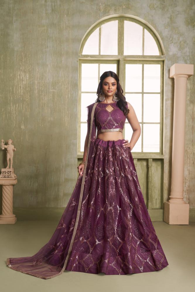 Wine Butterfly Net Lehenga Choli with Tone-to-Tone Embroidery