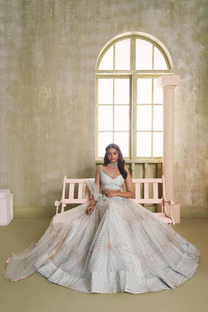 Light Gray Butterfly Net Embroidered Wedding Lehenga Choli