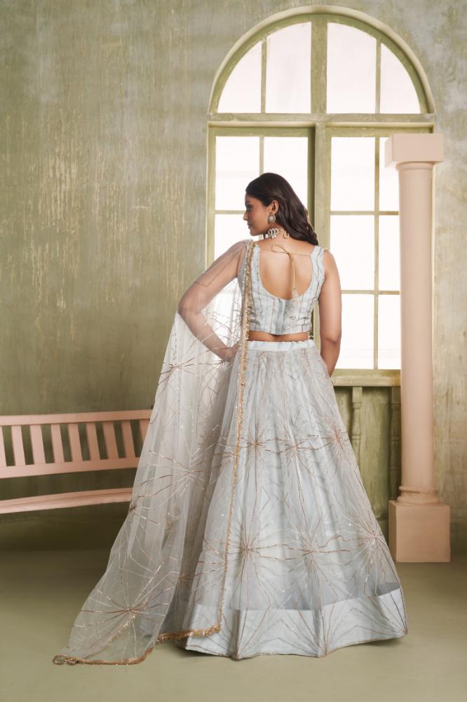 Light Gray Butterfly Net Embroidered Wedding Lehenga Choli