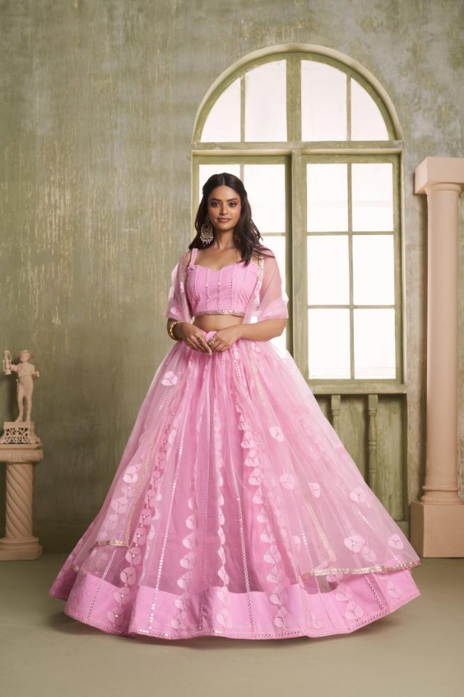 Pink Butterfly Net Wedding Lehenga Choli with Sequence Embroidery