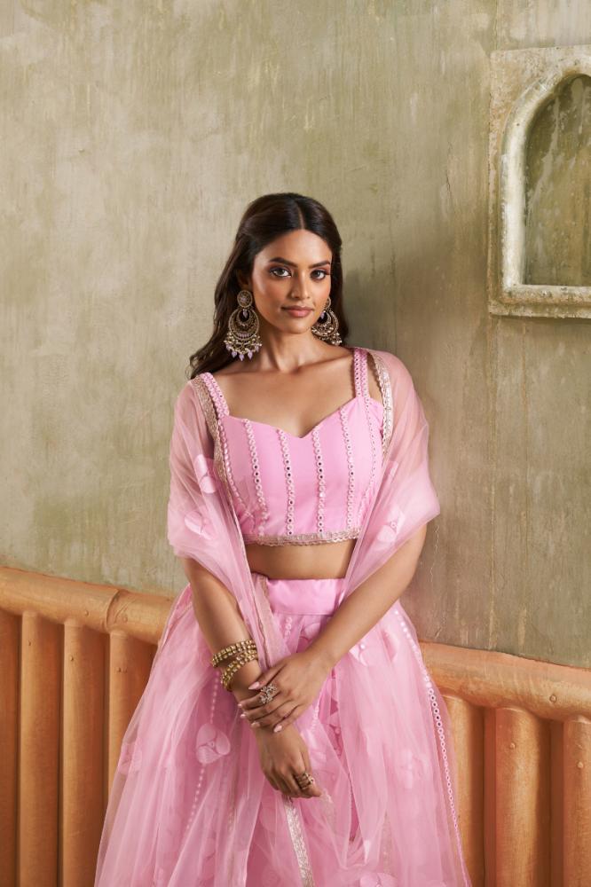 Pink Butterfly Net Wedding Lehenga Choli with Sequence Embroidery