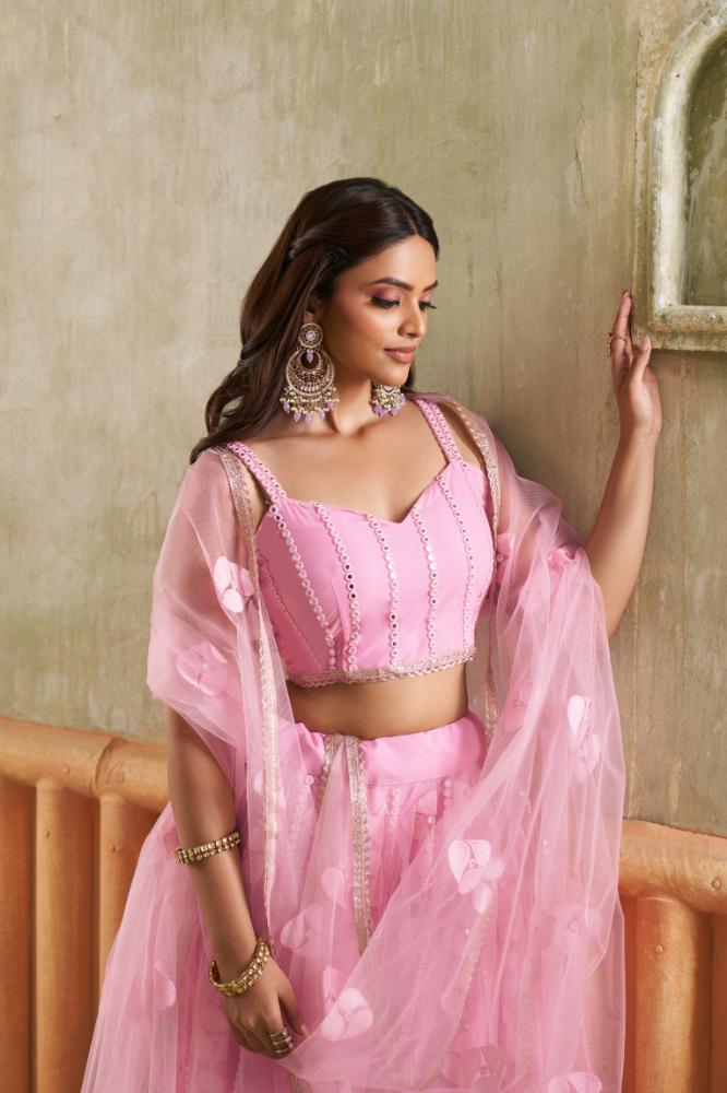 Pink Butterfly Net Wedding Lehenga Choli with Sequence Embroidery