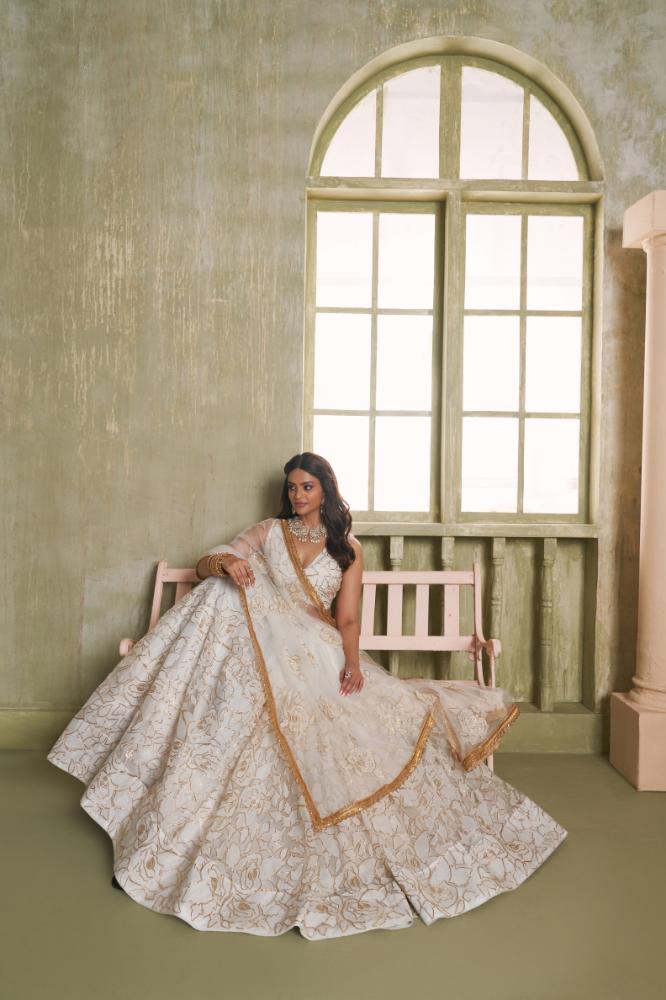 White Butterfly Net Wedding Lehenga Choli with Sequence Embroidery