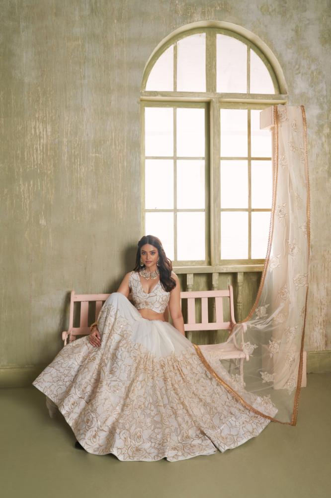 White Butterfly Net Wedding Lehenga Choli with Sequence Embroidery