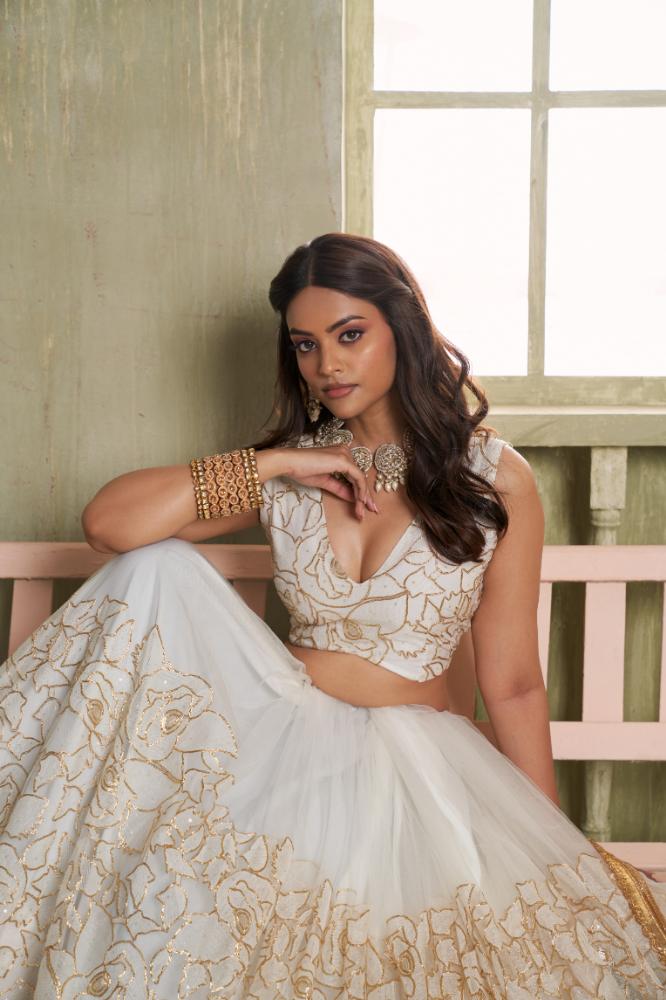 White Butterfly Net Wedding Lehenga Choli with Sequence Embroidery