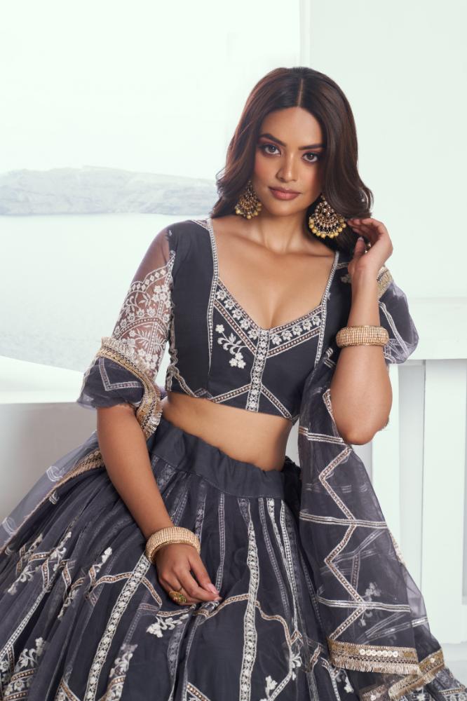 Dark Gray Butterfly Net Wedding Lehenga Choli with Embroidery