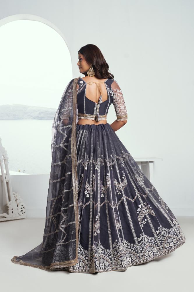 Dark Gray Butterfly Net Wedding Lehenga Choli with Embroidery