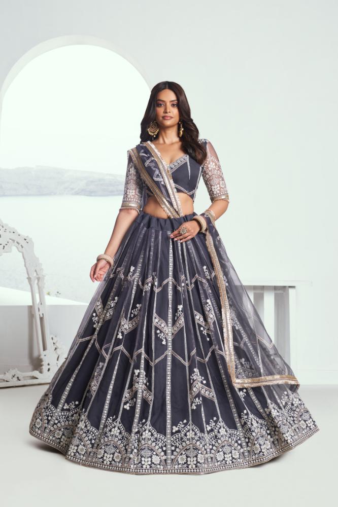 Dark gray butterfly net lehenga choli with detailed white cotton thread and sequence embroidery