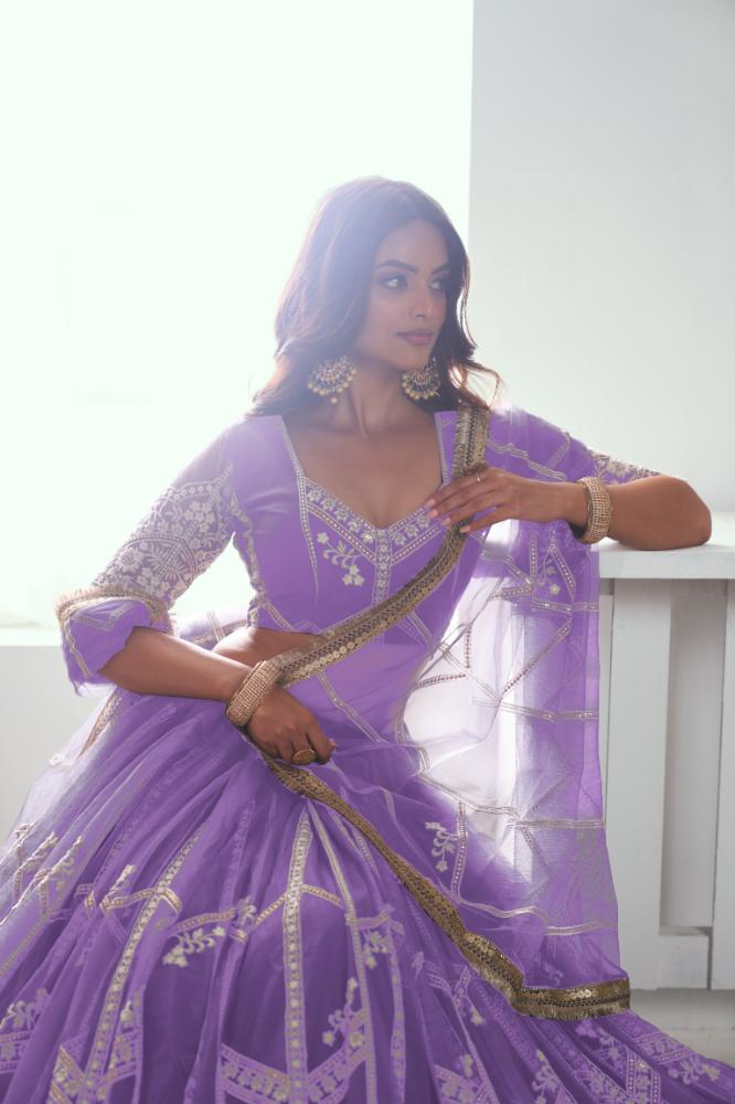 Lavender Butterfly Net Lehenga Choli with Sequence Embroidery