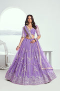 Lavender butterfly net lehenga choli with white cotton thread and sequence embroidery.