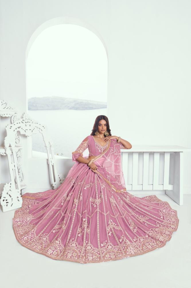 Pink Butterfly Net Wedding Lehenga with Cotton Thread Embroidery
