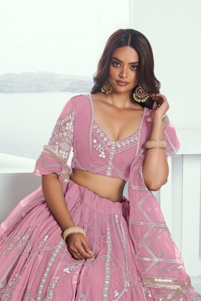 Pink Butterfly Net Wedding Lehenga with Cotton Thread Embroidery