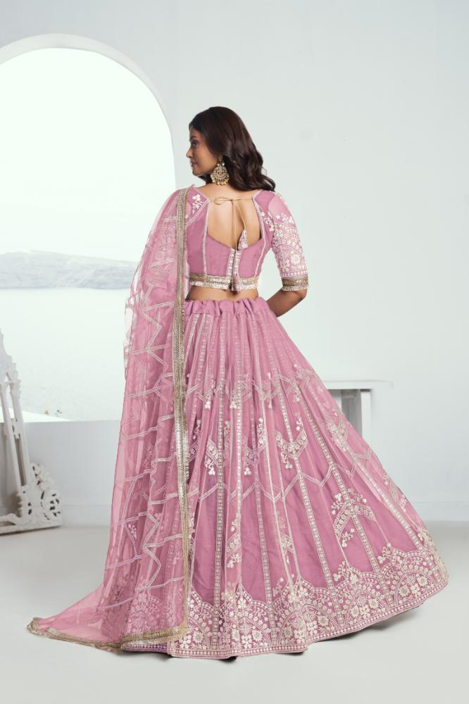 Pink Butterfly Net Wedding Lehenga with Cotton Thread Embroidery