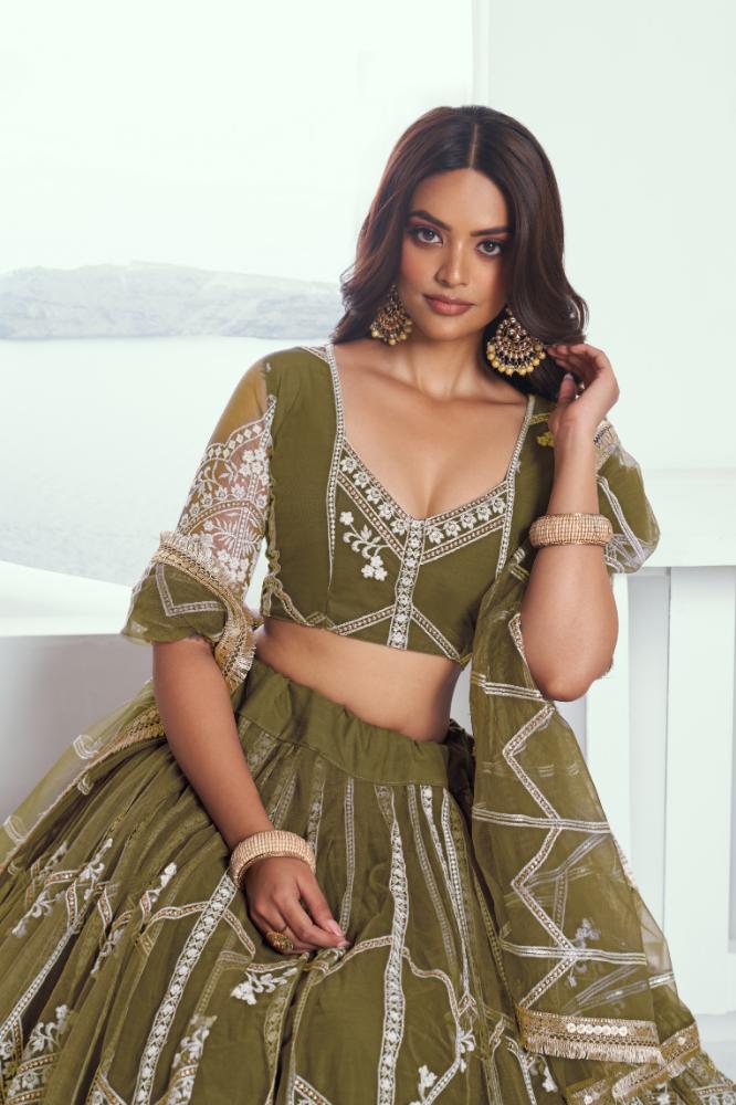 Mehandi Green Butterfly Net Lehenga Choli with Sequence Work
