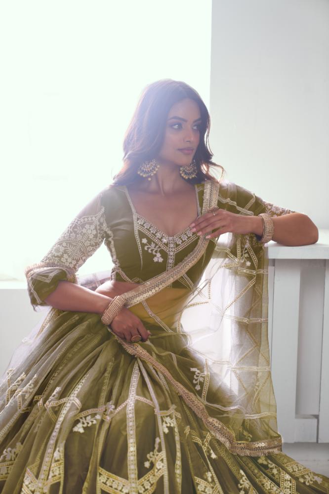 Mehandi Green Butterfly Net Lehenga Choli with Sequence Work