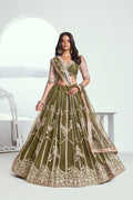 Mehandi green butterfly net lehenga choli featuring white embroidery and sequence work.