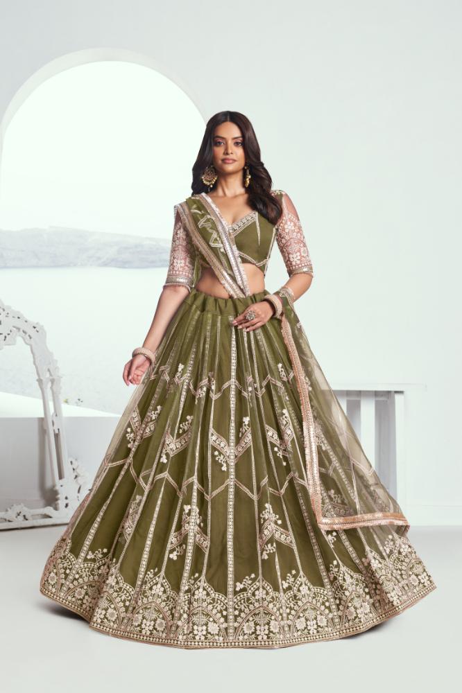 Mehandi green butterfly net lehenga choli featuring white embroidery and sequence work.