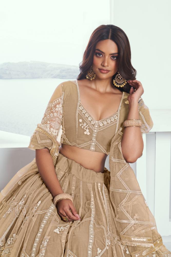 Chiku Beige Butterfly Net Wedding Lehenga with Thread Embroidery