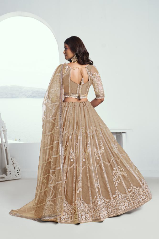 Chiku Beige Butterfly Net Wedding Lehenga with Thread Embroidery