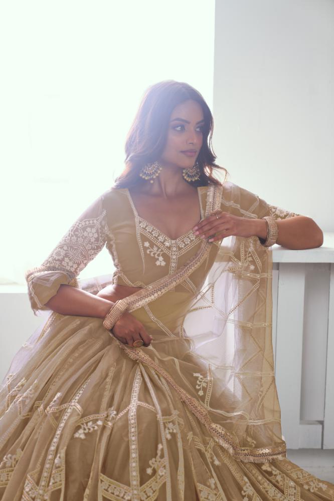 Chiku Beige Butterfly Net Wedding Lehenga with Thread Embroidery