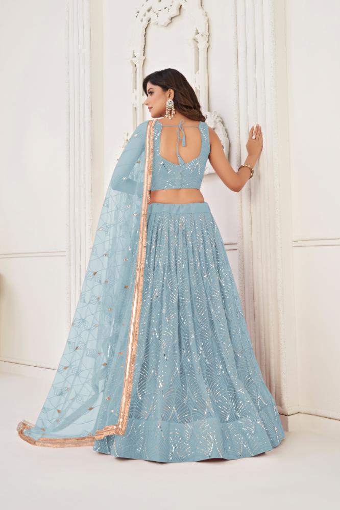Sky Blue Butterfly Net Lehenga Choli with Sequence Detail