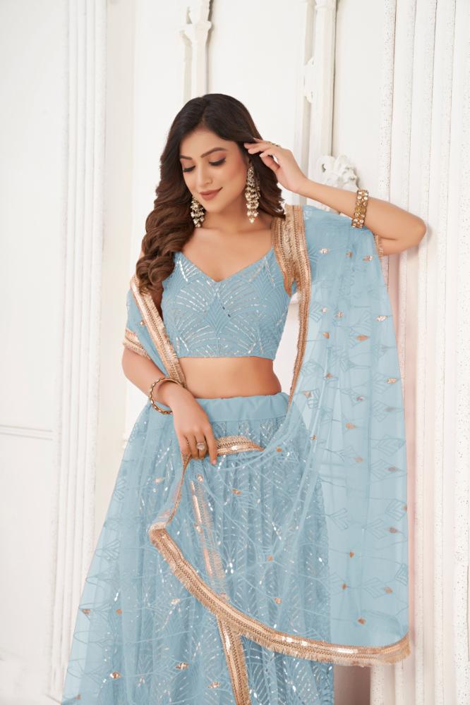 Sky Blue Butterfly Net Lehenga Choli with Sequence Detail