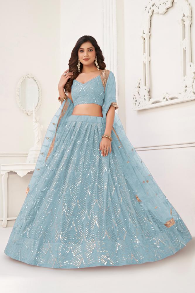 Sky blue butterfly net lehenga choli with embroidery and sequence work