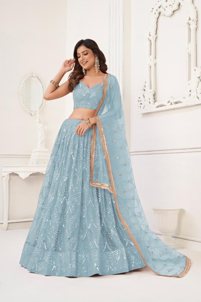 Sky Blue Butterfly Net Lehenga Choli with Sequence Detail