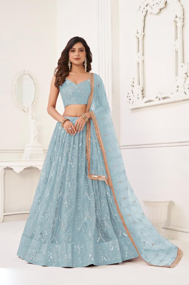 Sky Blue Butterfly Net Lehenga Choli with Sequence Detail