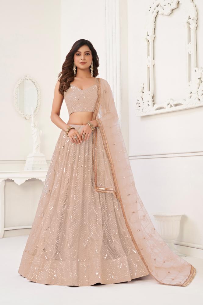 Peach butterfly net lehenga choli with detailed sequin and thread embroidery