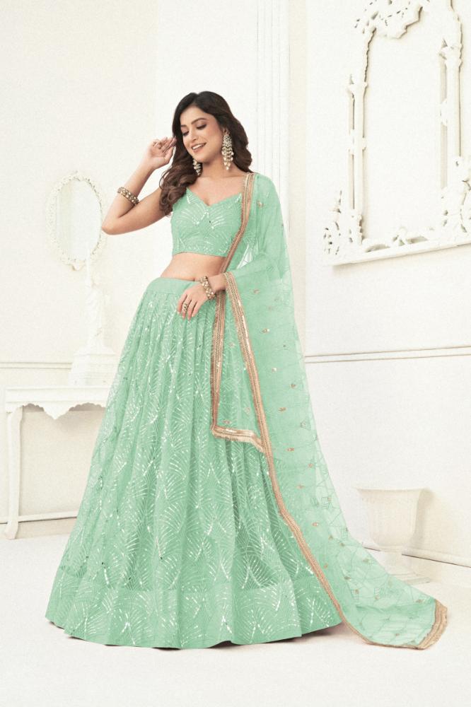 Sea Green Butterfly Net Embroidered Wedding Lehenga Choli