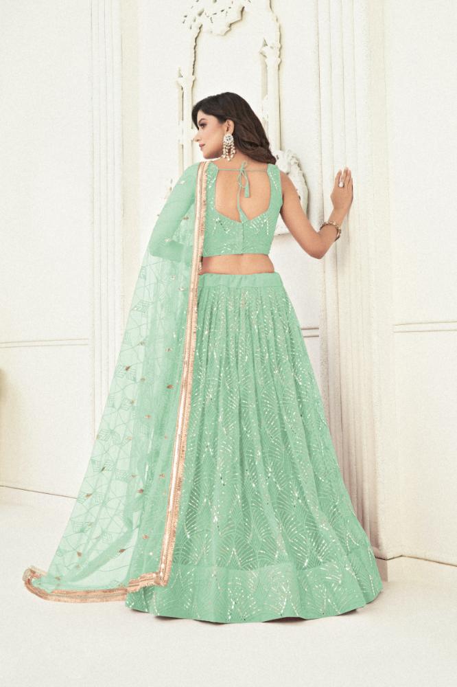Sea Green Butterfly Net Embroidered Wedding Lehenga Choli