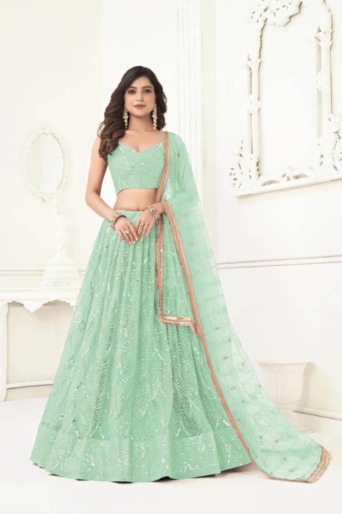 Sea Green Butterfly Net Embroidered Wedding Lehenga Choli