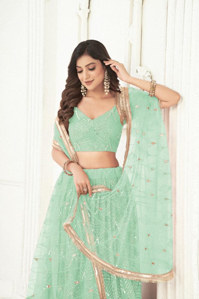 Sea Green Butterfly Net Embroidered Wedding Lehenga Choli
