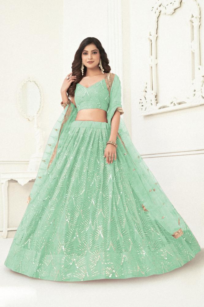Sea green butterfly net lehenga choli with elegant sequence and thread work