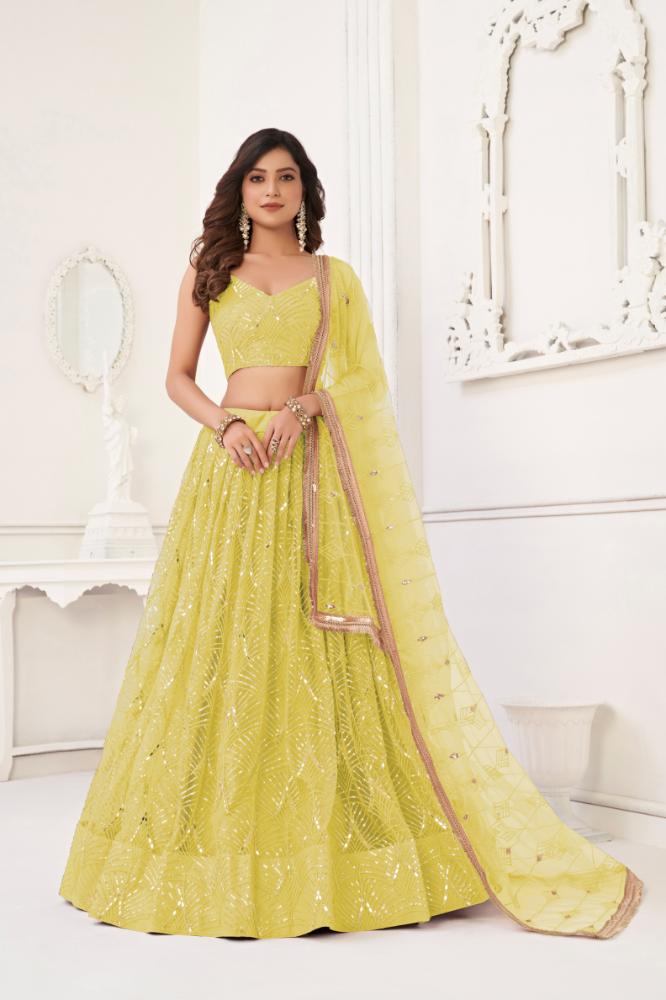 Lemon yellow butterfly net lehenga choli with thread and sequence embroidery