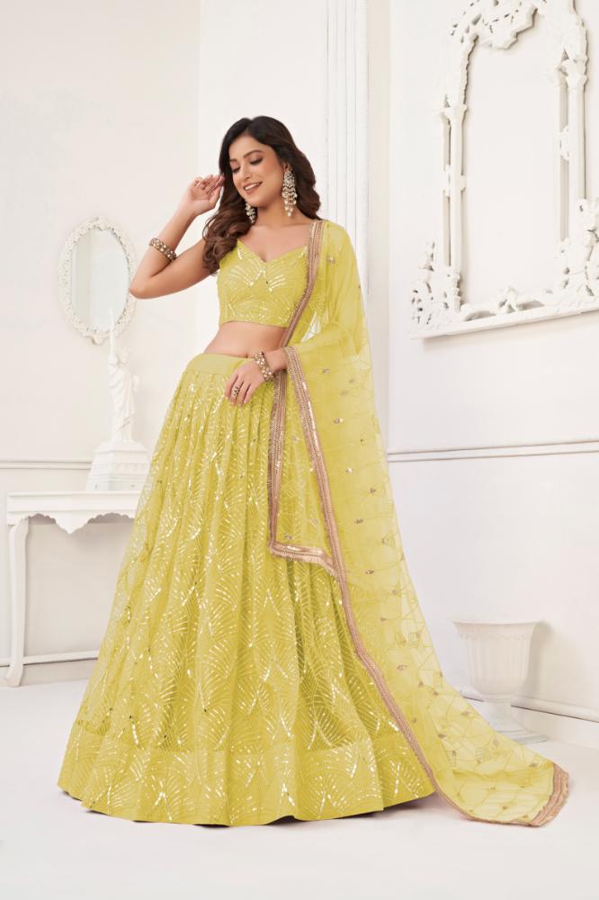 Lemon Yellow Butterfly Net Lehenga Choli with Sequence Work