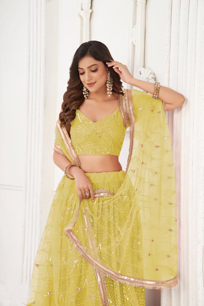 Lemon Yellow Butterfly Net Lehenga Choli with Sequence Work