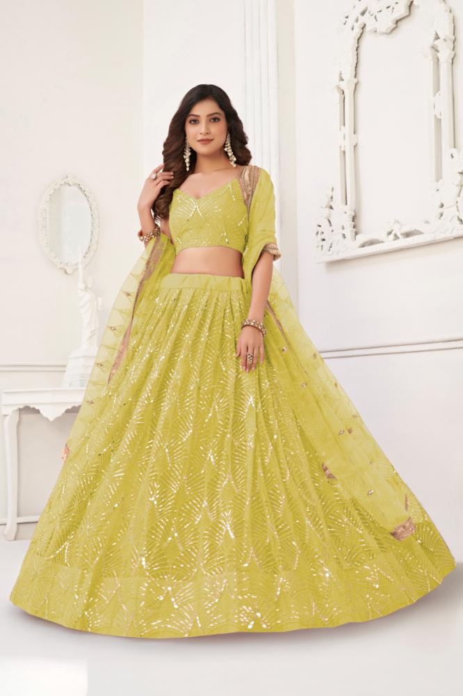 Lemon Yellow Butterfly Net Lehenga Choli with Sequence Work