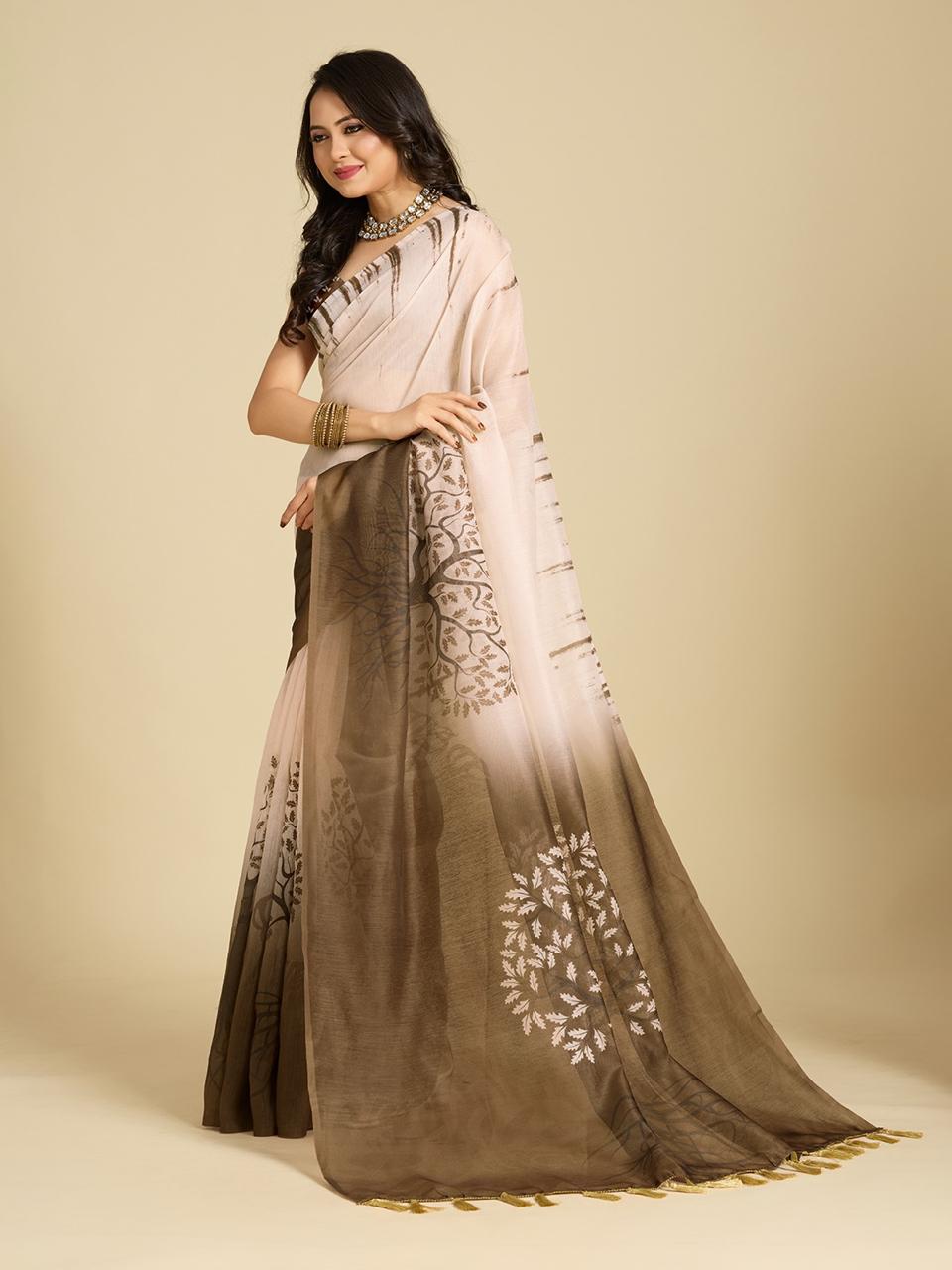 Multi Chanderi Cotton Silk Printed Saree with Brown Blouse