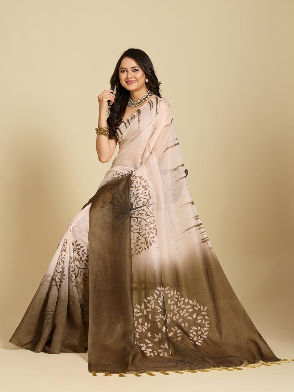 Multi Chanderi Cotton Silk Printed Saree with Brown Blouse
