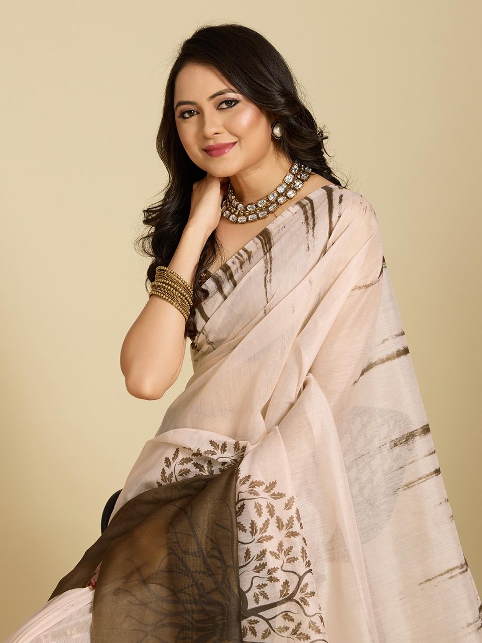 Multi Chanderi Cotton Silk Printed Saree with Brown Blouse