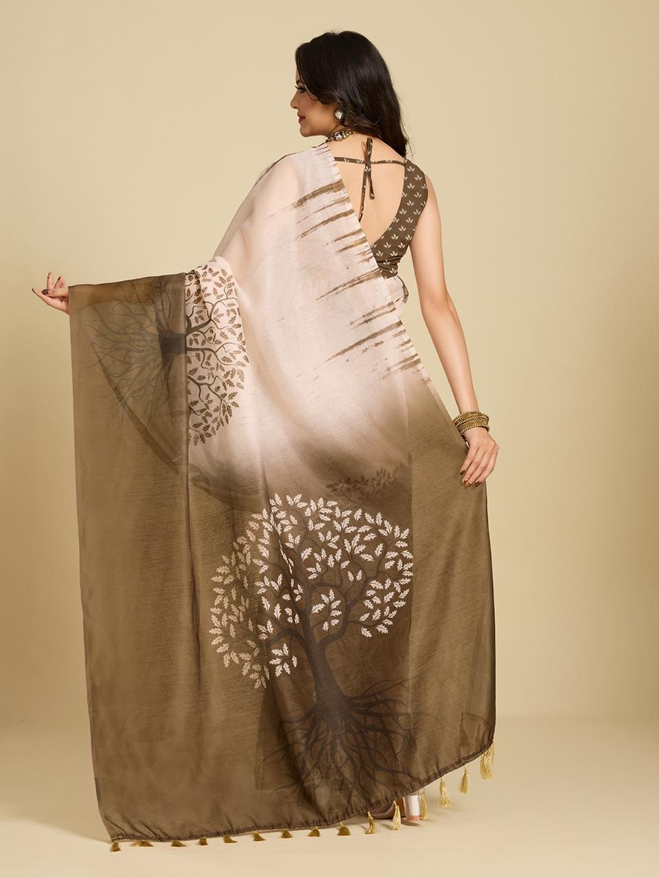 Multi Chanderi Cotton Silk Printed Saree with Brown Blouse