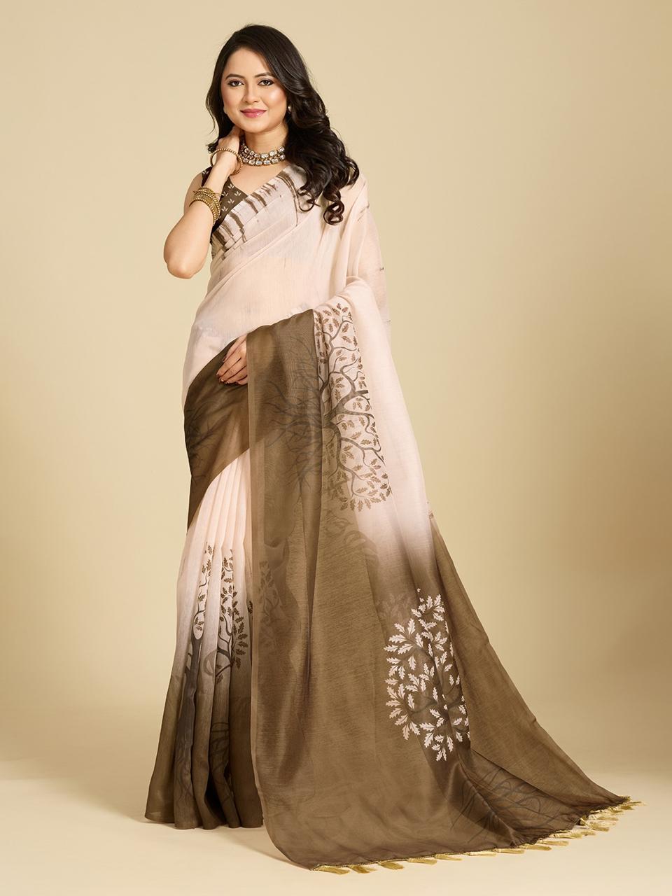 Multi-colored Chanderi cotton silk printed saree with brown blouse