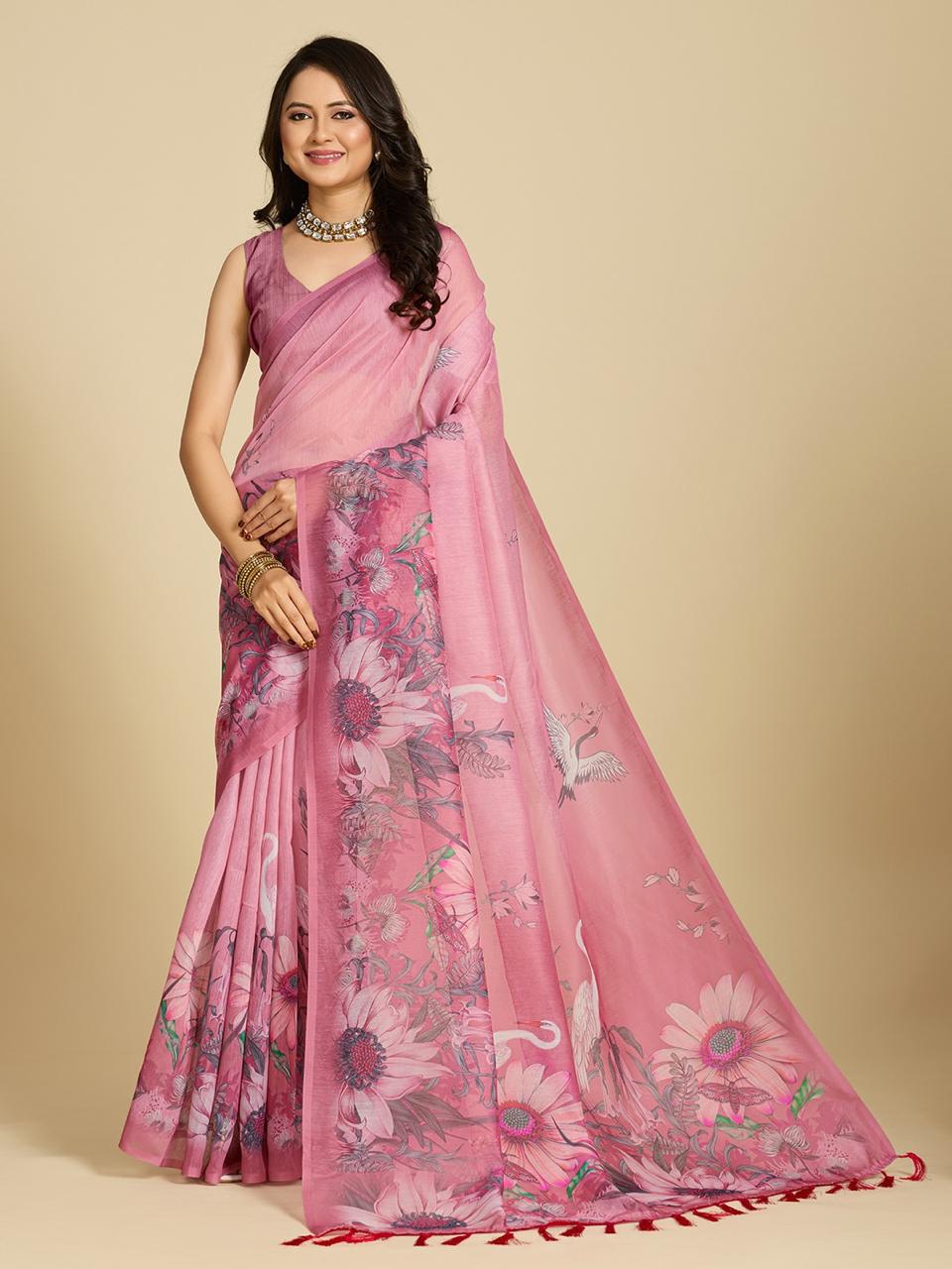 Pink Chanderi cotton silk printed saree with matching blouse