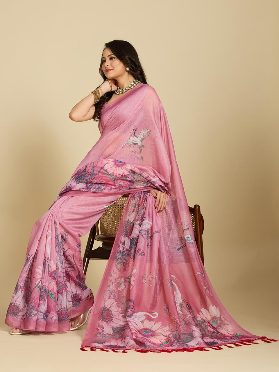 Pink Chanderi Cotton Silk Printed Saree with Blouse