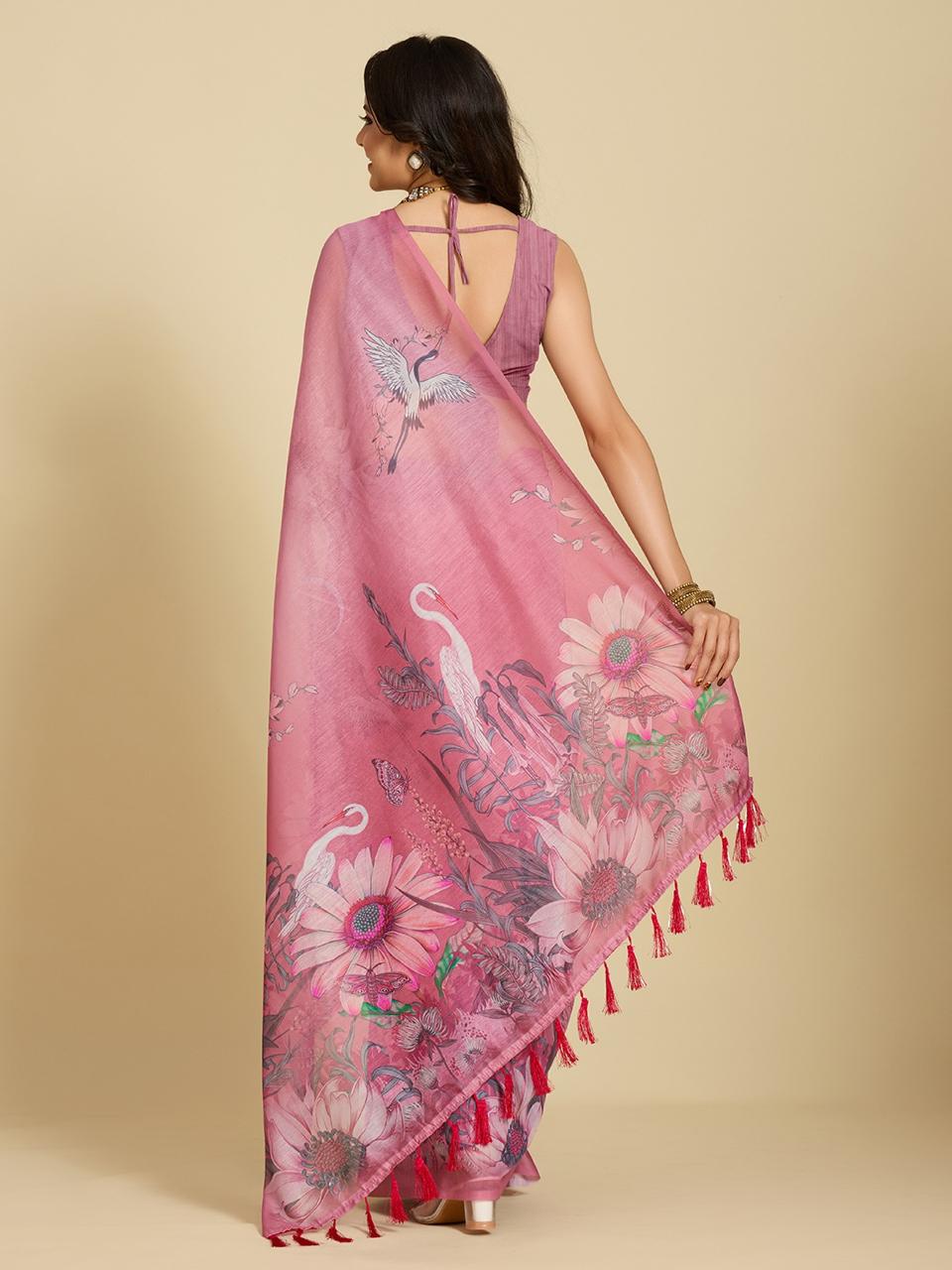Pink Chanderi Cotton Silk Printed Saree with Blouse