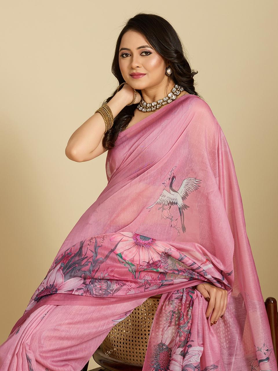 Pink Chanderi Cotton Silk Printed Saree with Blouse